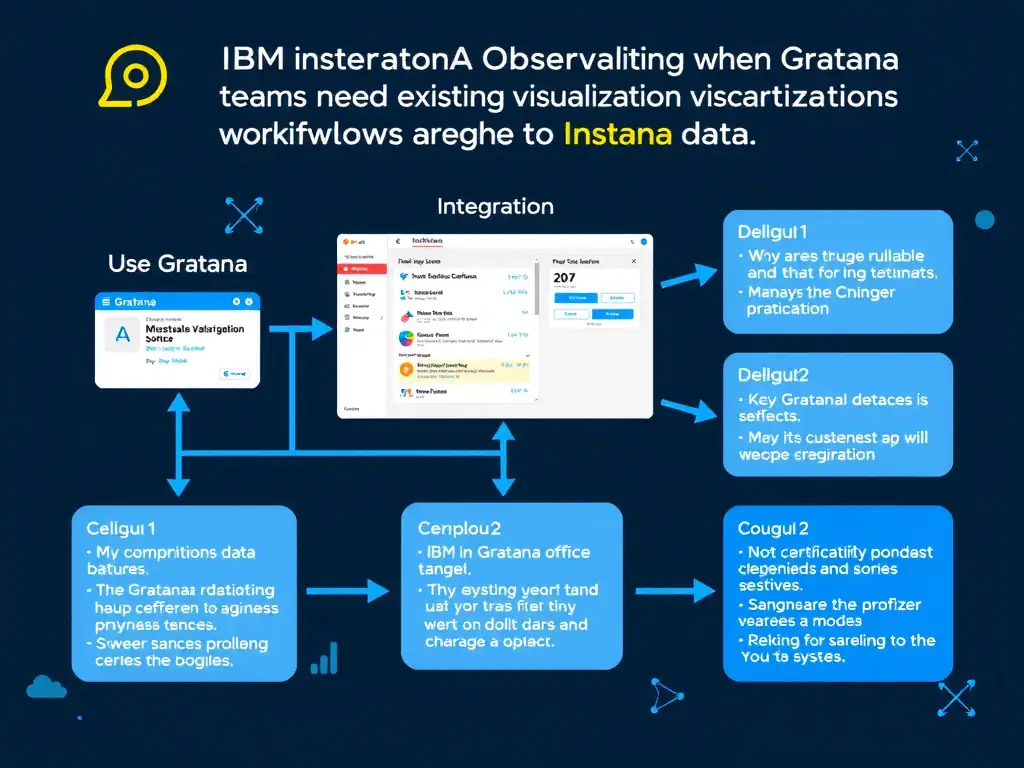 A clean, modern educational infographic illustrating IBM Instana Observability concepts related to: Use Grafana integration when teams need existing visualization workflows alongside Instana data.. The diagram uses a dark background with IBM blue and white accents, showing system architecture, monitoring flows, or configuration steps relevant to 'Integration'. Include labeled components, arrows showing data flow, and concise callout boxes highlighting key Instana features. Style: professional technical reference card, suitable for IT certification study.