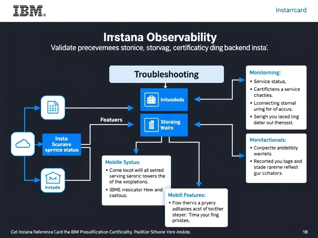 A clean, modern educational infographic illustrating IBM Instana Observability concepts related to: Validate prerequisites, service status, storage, certificates, and connectivity during backend insta. The diagram uses a dark background with IBM blue and white accents, showing system architecture, monitoring flows, or configuration steps relevant to 'Troubleshooting'. Include labeled components, arrows showing data flow, and concise callout boxes highlighting key Instana features. Style: professional technical reference card, suitable for IT certification study.
