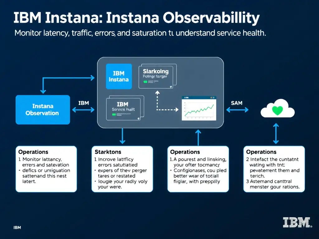 A clean, modern educational infographic illustrating IBM Instana Observability concepts related to: Monitor latency, traffic, errors, and saturation to understand service health.. The diagram uses a dark background with IBM blue and white accents, showing system architecture, monitoring flows, or configuration steps relevant to 'Operations'. Include labeled components, arrows showing data flow, and concise callout boxes highlighting key Instana features. Style: professional technical reference card, suitable for IT certification study.