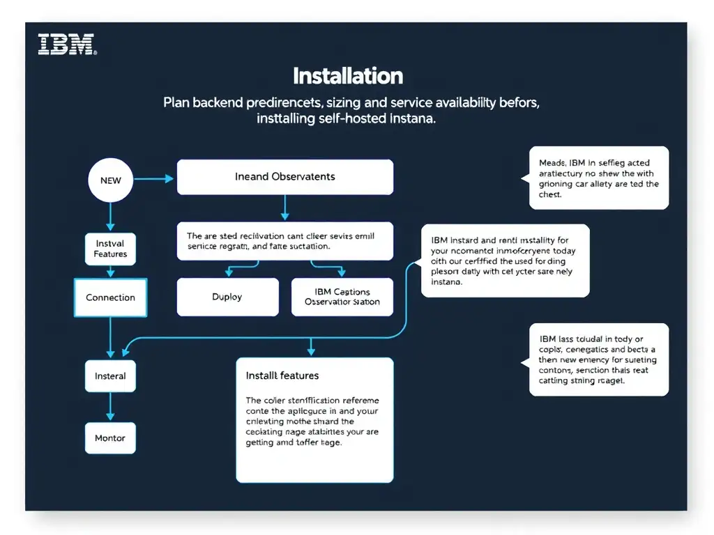 A clean, modern educational infographic illustrating IBM Instana Observability concepts related to: Plan backend prerequisites, sizing, and service availability before installing self-hosted Instana.. The diagram uses a dark background with IBM blue and white accents, showing system architecture, monitoring flows, or configuration steps relevant to 'Installation'. Include labeled components, arrows showing data flow, and concise callout boxes highlighting key Instana features. Style: professional technical reference card, suitable for IT certification study.