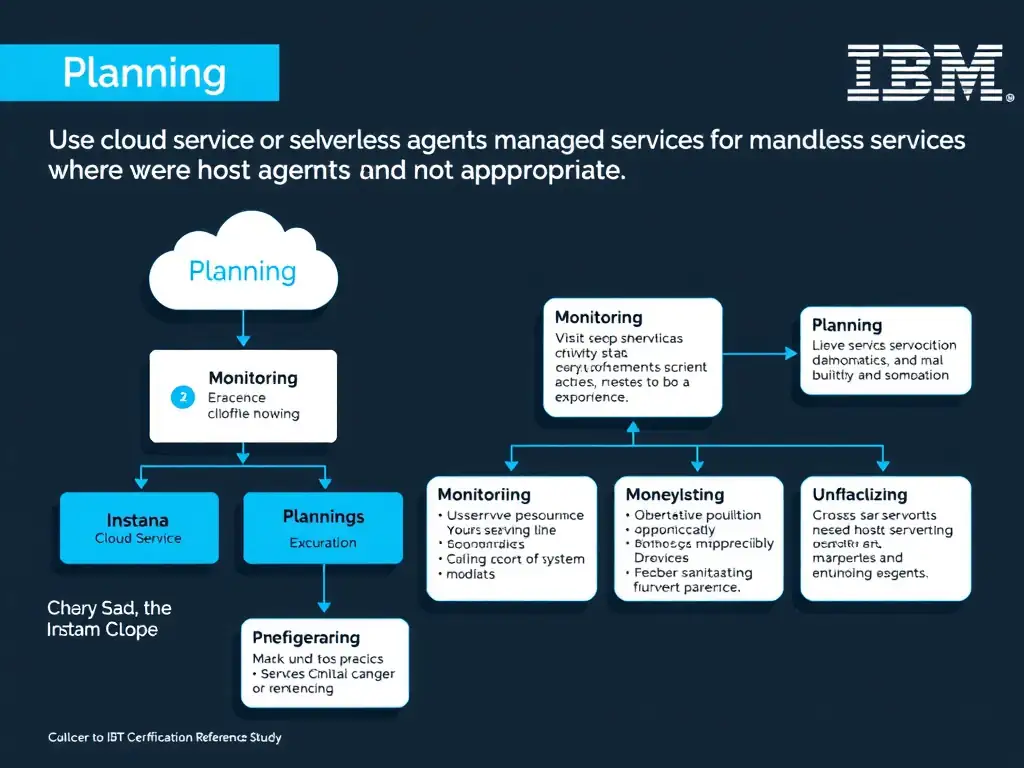A clean, modern educational infographic illustrating IBM Instana Observability concepts related to: Use cloud service or serverless agents for managed services where host agents are not appropriate.. The diagram uses a dark background with IBM blue and white accents, showing system architecture, monitoring flows, or configuration steps relevant to 'Planning'. Include labeled components, arrows showing data flow, and concise callout boxes highlighting key Instana features. Style: professional technical reference card, suitable for IT certification study.
