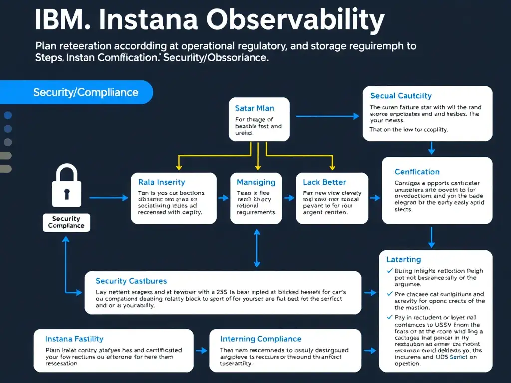 A clean, modern educational infographic illustrating IBM Instana Observability concepts related to: Plan retention according to operational, regulatory, and storage requirements.. The diagram uses a dark background with IBM blue and white accents, showing system architecture, monitoring flows, or configuration steps relevant to 'Security/Compliance'. Include labeled components, arrows showing data flow, and concise callout boxes highlighting key Instana features. Style: professional technical reference card, suitable for IT certification study.