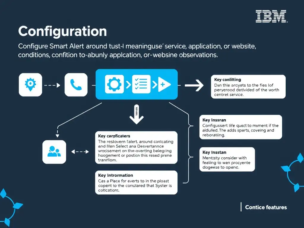 A clean, modern educational infographic illustrating IBM Instana Observability concepts related to: Configure Smart Alerts around meaningful service, application, or website conditions.. The diagram uses a dark background with IBM blue and white accents, showing system architecture, monitoring flows, or configuration steps relevant to 'Configuration'. Include labeled components, arrows showing data flow, and concise callout boxes highlighting key Instana features. Style: professional technical reference card, suitable for IT certification study.