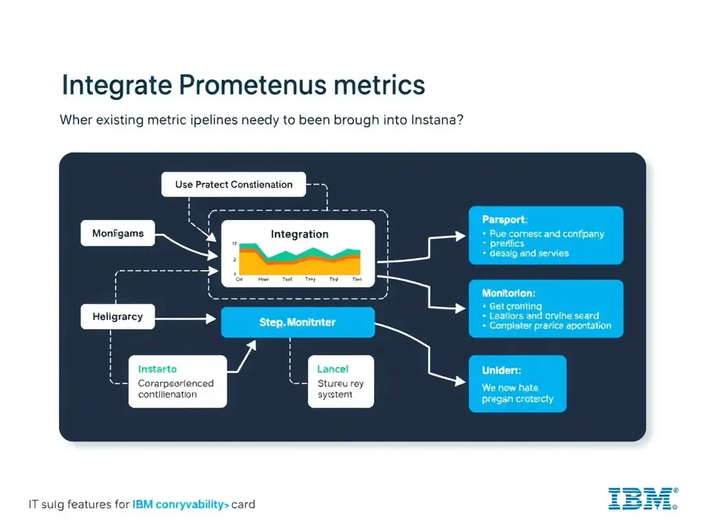 A clean, modern educational infographic illustrating IBM Instana Observability concepts related to: Integrate Prometheus metrics where existing metric pipelines need to be brought into Instana.. The diagram uses a dark background with IBM blue and white accents, showing system architecture, monitoring flows, or configuration steps relevant to 'Integration'. Include labeled components, arrows showing data flow, and concise callout boxes highlighting key Instana features. Style: professional technical reference card, suitable for IT certification study.
