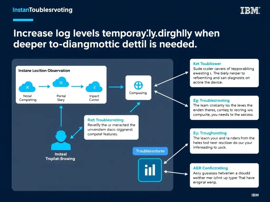 A clean, modern educational infographic illustrating IBM Instana Observability concepts related to: Increase log levels temporarily and narrowly when deeper diagnostic detail is needed.. The diagram uses a dark background with IBM blue and white accents, showing system architecture, monitoring flows, or configuration steps relevant to 'Troubleshooting'. Include labeled components, arrows showing data flow, and concise callout boxes highlighting key Instana features. Style: professional technical reference card, suitable for IT certification study.