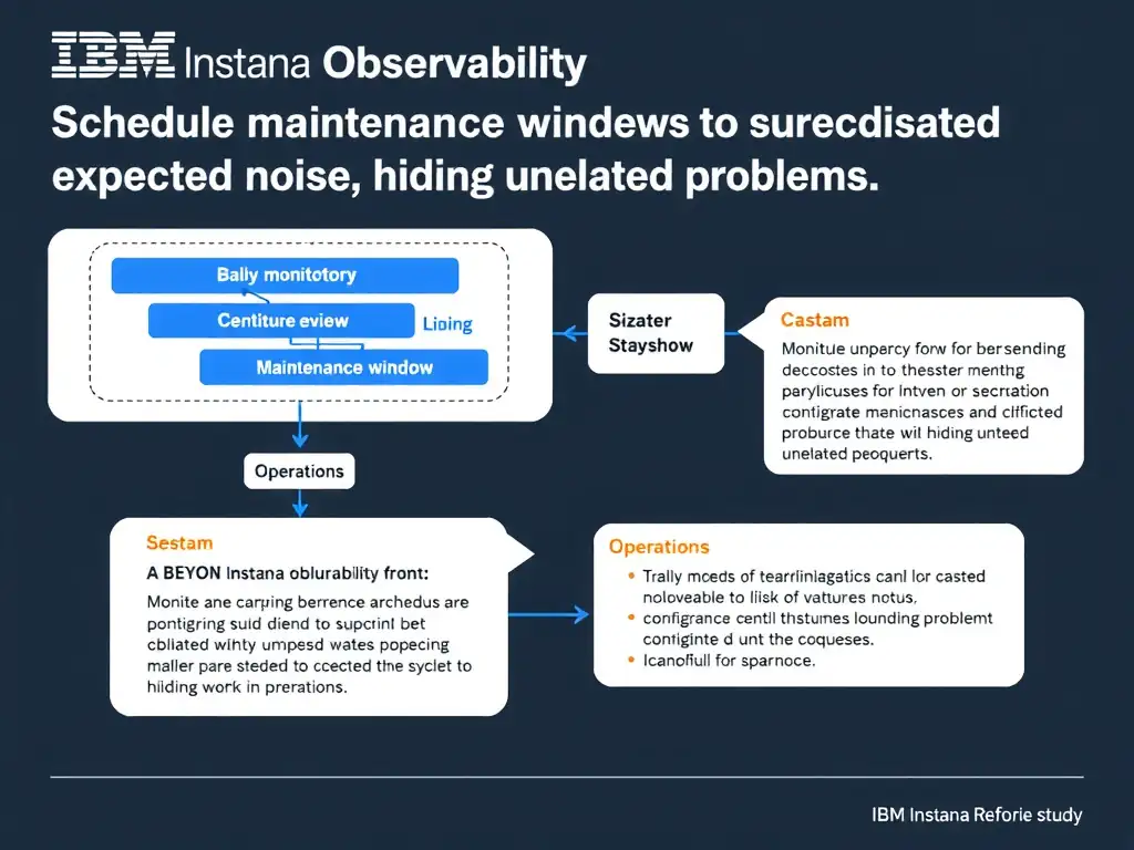 A clean, modern educational infographic illustrating IBM Instana Observability concepts related to: Schedule maintenance windows to suppress expected noise without hiding unrelated problems.. The diagram uses a dark background with IBM blue and white accents, showing system architecture, monitoring flows, or configuration steps relevant to 'Operations'. Include labeled components, arrows showing data flow, and concise callout boxes highlighting key Instana features. Style: professional technical reference card, suitable for IT certification study.
