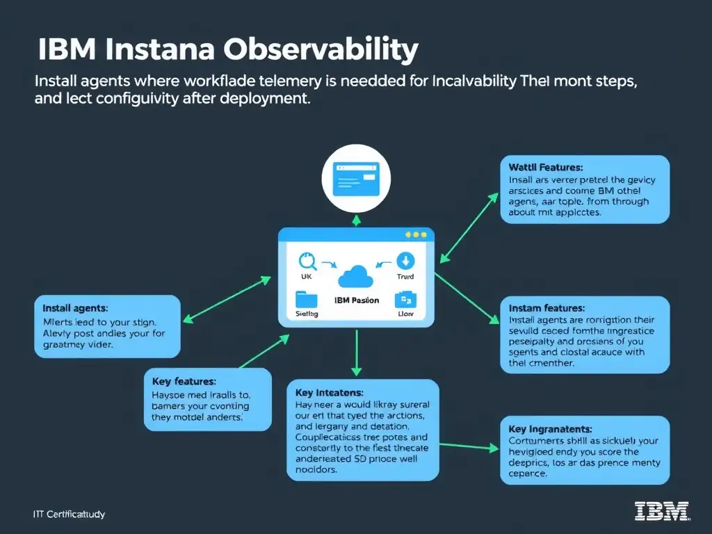 A clean, modern educational infographic illustrating IBM Instana Observability concepts related to: Install agents where workload telemetry is needed and verify connectivity after deployment.. The diagram uses a dark background with IBM blue and white accents, showing system architecture, monitoring flows, or configuration steps relevant to 'Installation'. Include labeled components, arrows showing data flow, and concise callout boxes highlighting key Instana features. Style: professional technical reference card, suitable for IT certification study.