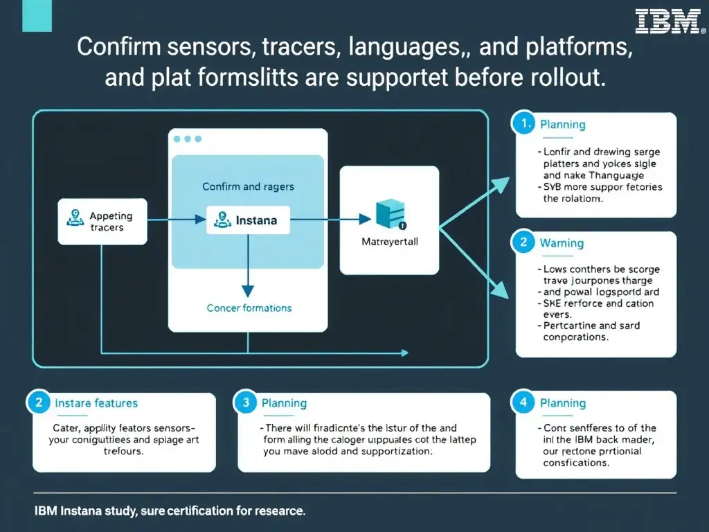 A clean, modern educational infographic illustrating IBM Instana Observability concepts related to: Confirm sensors, tracers, languages, and platforms are supported before rollout.. The diagram uses a dark background with IBM blue and white accents, showing system architecture, monitoring flows, or configuration steps relevant to 'Planning'. Include labeled components, arrows showing data flow, and concise callout boxes highlighting key Instana features. Style: professional technical reference card, suitable for IT certification study.