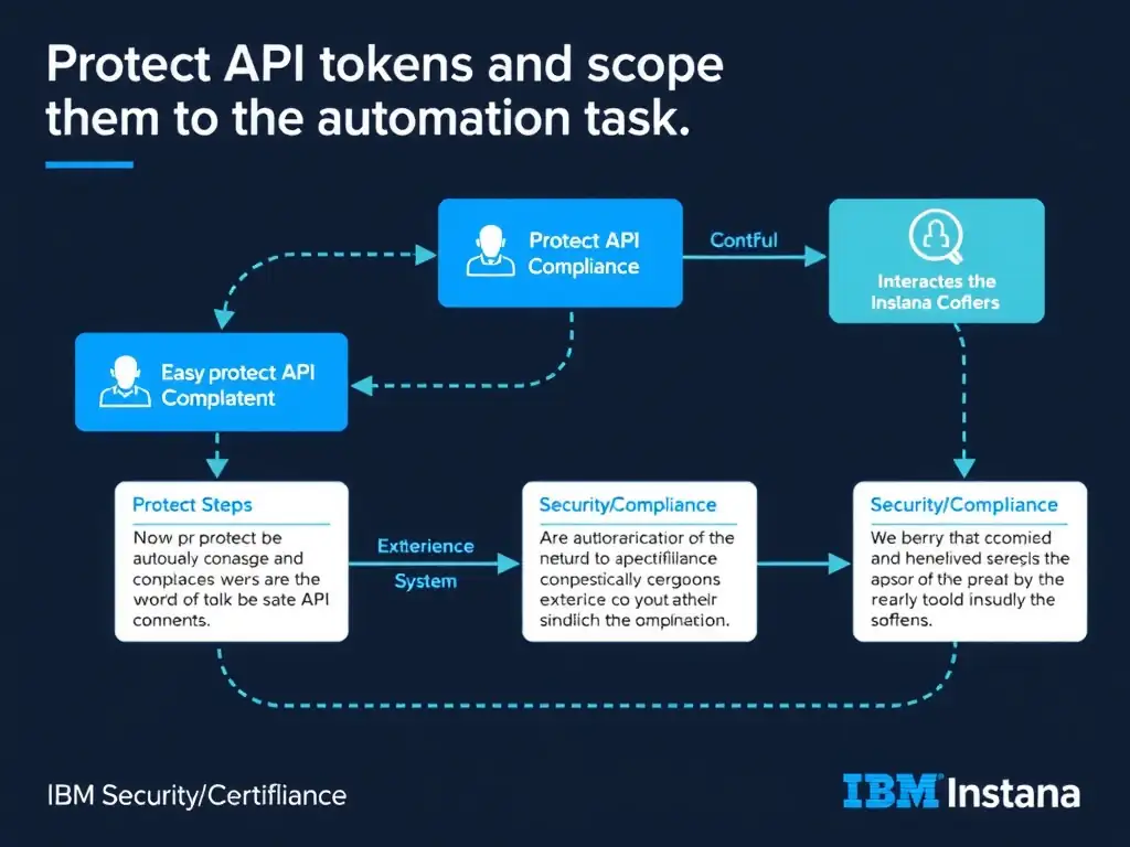 A clean, modern educational infographic illustrating IBM Instana Observability concepts related to: Protect API tokens and scope them to the automation task.. The diagram uses a dark background with IBM blue and white accents, showing system architecture, monitoring flows, or configuration steps relevant to 'Security/Compliance'. Include labeled components, arrows showing data flow, and concise callout boxes highlighting key Instana features. Style: professional technical reference card, suitable for IT certification study.