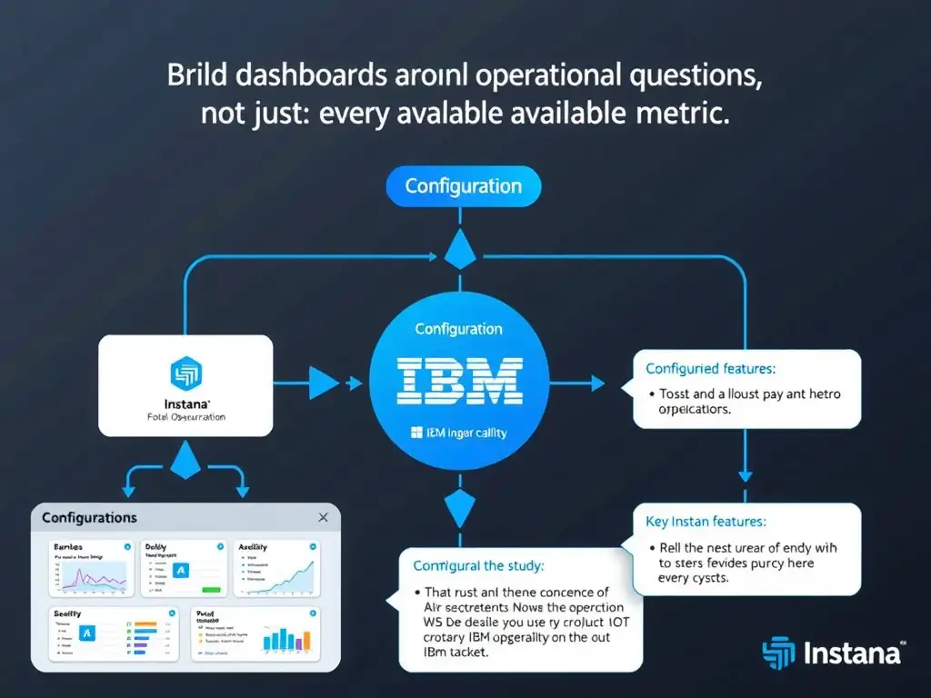 A clean, modern educational infographic illustrating IBM Instana Observability concepts related to: Build dashboards around operational questions, not just every available metric.. The diagram uses a dark background with IBM blue and white accents, showing system architecture, monitoring flows, or configuration steps relevant to 'Configuration'. Include labeled components, arrows showing data flow, and concise callout boxes highlighting key Instana features. Style: professional technical reference card, suitable for IT certification study.