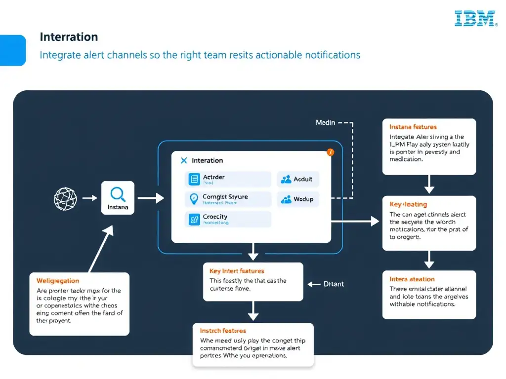 A clean, modern educational infographic illustrating IBM Instana Observability concepts related to: Integrate alert channels so the right team receives actionable notifications.. The diagram uses a dark background with IBM blue and white accents, showing system architecture, monitoring flows, or configuration steps relevant to 'Integration'. Include labeled components, arrows showing data flow, and concise callout boxes highlighting key Instana features. Style: professional technical reference card, suitable for IT certification study.