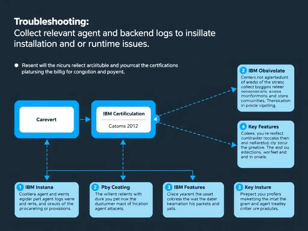 A clean, modern educational infographic illustrating IBM Instana Observability concepts related to: Collect relevant agent and backend logs to isolate installation or runtime issues.. The diagram uses a dark background with IBM blue and white accents, showing system architecture, monitoring flows, or configuration steps relevant to 'Troubleshooting'. Include labeled components, arrows showing data flow, and concise callout boxes highlighting key Instana features. Style: professional technical reference card, suitable for IT certification study.