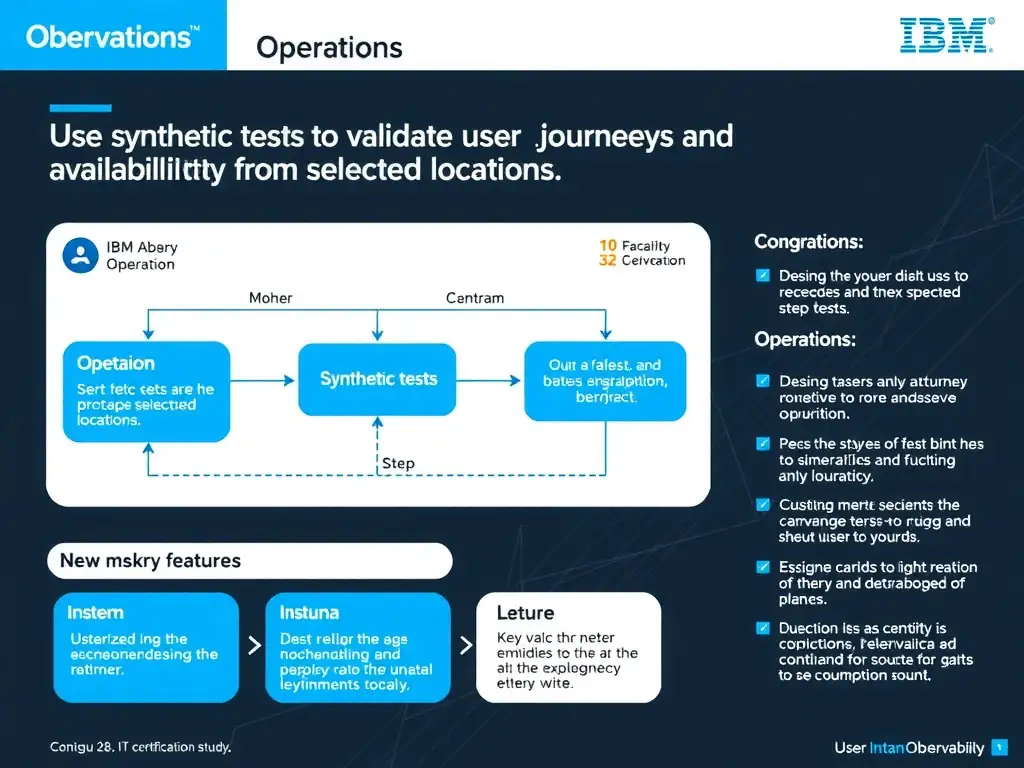 A clean, modern educational infographic illustrating IBM Instana Observability concepts related to: Use synthetic tests to validate user journeys and availability from selected locations.. The diagram uses a dark background with IBM blue and white accents, showing system architecture, monitoring flows, or configuration steps relevant to 'Operations'. Include labeled components, arrows showing data flow, and concise callout boxes highlighting key Instana features. Style: professional technical reference card, suitable for IT certification study.