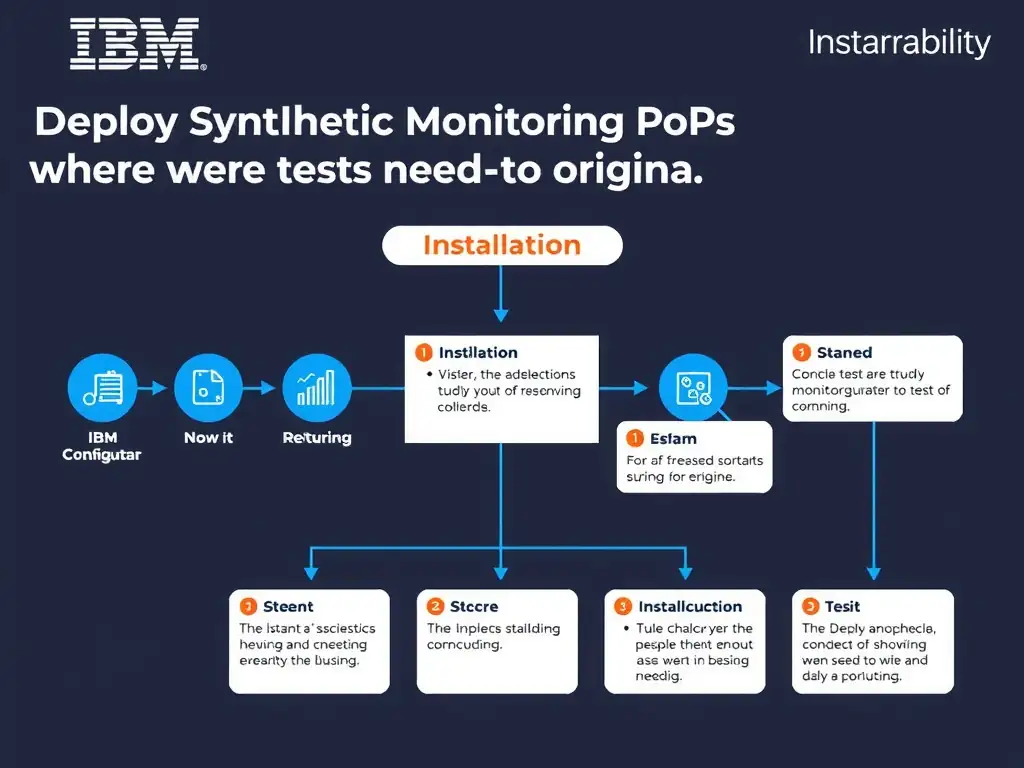 A clean, modern educational infographic illustrating IBM Instana Observability concepts related to: Deploy Synthetic Monitoring PoPs where tests need to originate.. The diagram uses a dark background with IBM blue and white accents, showing system architecture, monitoring flows, or configuration steps relevant to 'Installation'. Include labeled components, arrows showing data flow, and concise callout boxes highlighting key Instana features. Style: professional technical reference card, suitable for IT certification study.