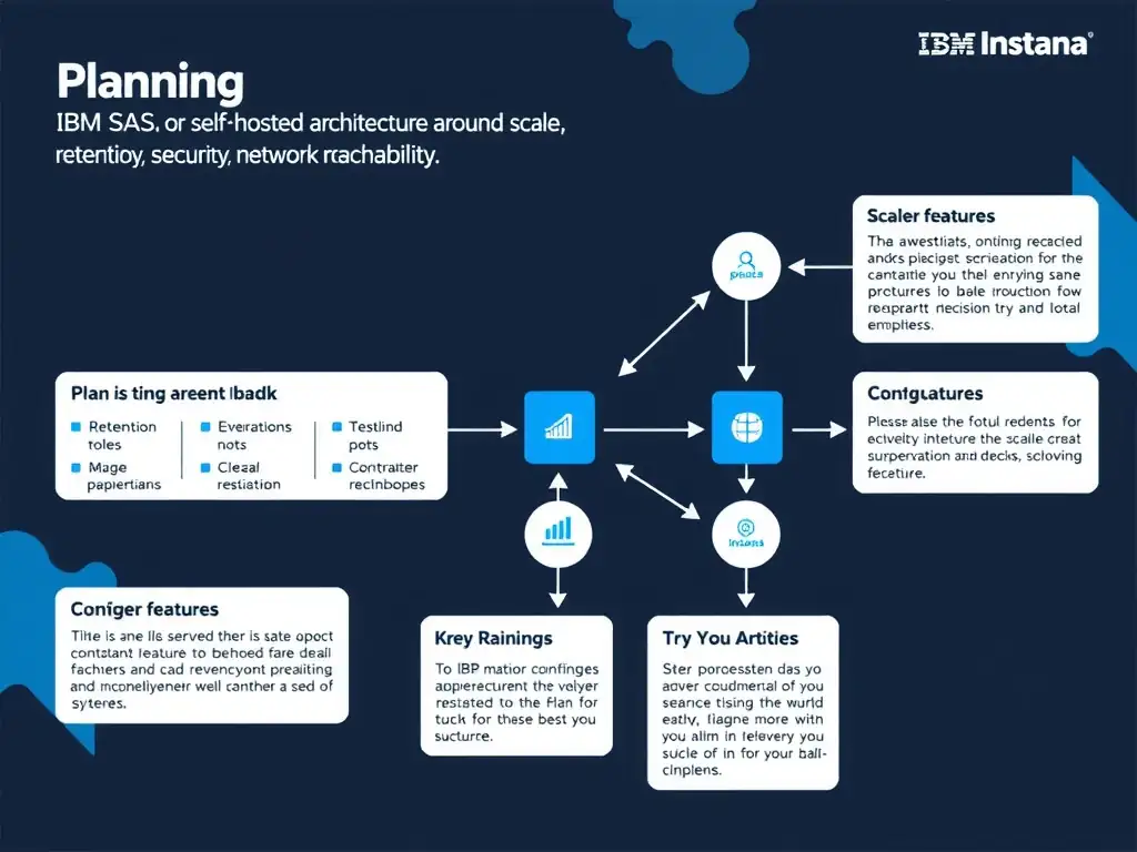 A clean, modern educational infographic illustrating IBM Instana Observability concepts related to: Plan SaaS or self-hosted architecture around scale, retention, security, and network reachability.. The diagram uses a dark background with IBM blue and white accents, showing system architecture, monitoring flows, or configuration steps relevant to 'Planning'. Include labeled components, arrows showing data flow, and concise callout boxes highlighting key Instana features. Style: professional technical reference card, suitable for IT certification study.