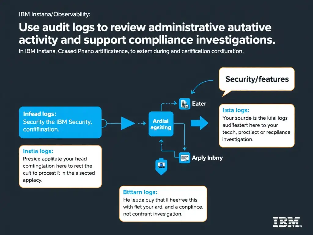 A clean, modern educational infographic illustrating IBM Instana Observability concepts related to: Use audit logs to review administrative activity and support compliance investigations.. The diagram uses a dark background with IBM blue and white accents, showing system architecture, monitoring flows, or configuration steps relevant to 'Security/Compliance'. Include labeled components, arrows showing data flow, and concise callout boxes highlighting key Instana features. Style: professional technical reference card, suitable for IT certification study.