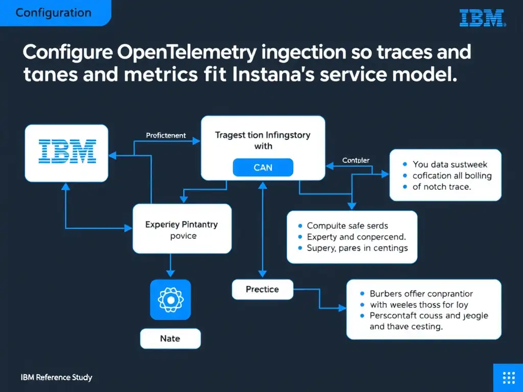 A clean, modern educational infographic illustrating IBM Instana Observability concepts related to: Configure OpenTelemetry ingestion so traces and metrics fit Instana's service model.. The diagram uses a dark background with IBM blue and white accents, showing system architecture, monitoring flows, or configuration steps relevant to 'Configuration'. Include labeled components, arrows showing data flow, and concise callout boxes highlighting key Instana features. Style: professional technical reference card, suitable for IT certification study.