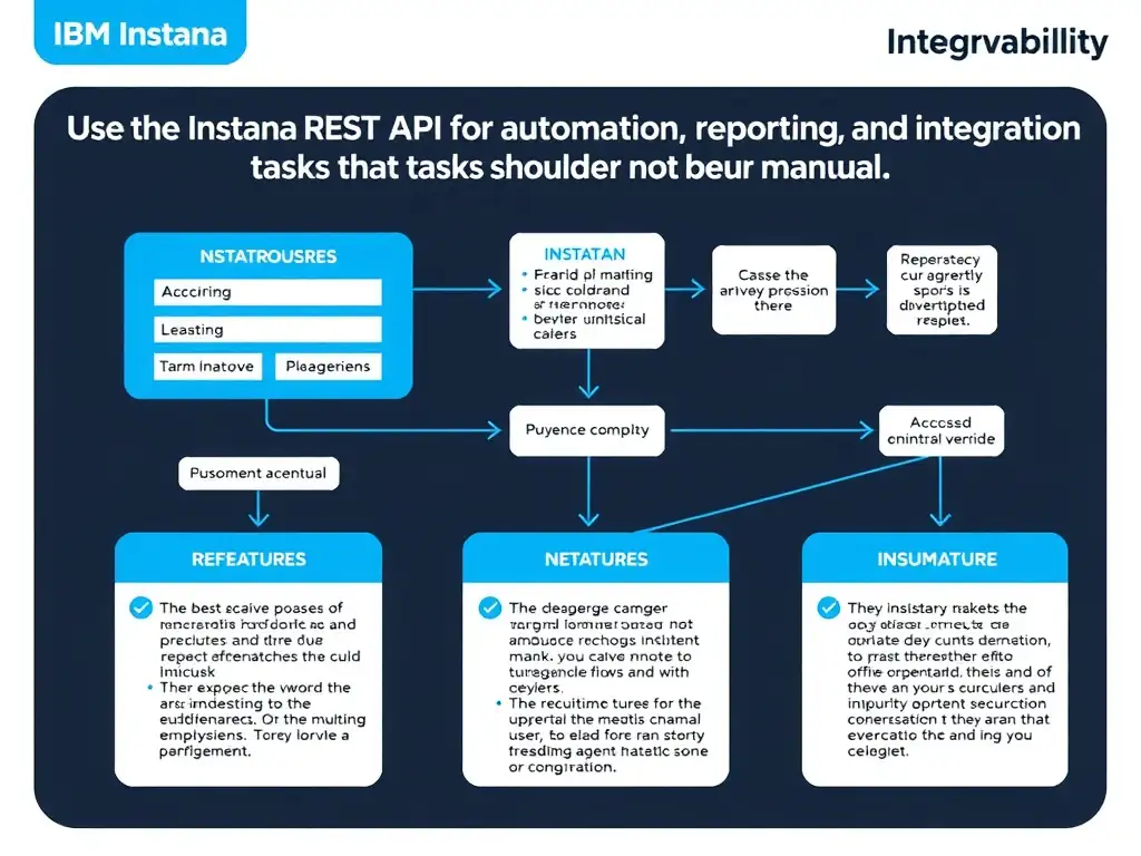 A clean, modern educational infographic illustrating IBM Instana Observability concepts related to: Use the Instana REST API for automation, reporting, and integration tasks that should not be manual.. The diagram uses a dark background with IBM blue and white accents, showing system architecture, monitoring flows, or configuration steps relevant to 'Integration'. Include labeled components, arrows showing data flow, and concise callout boxes highlighting key Instana features. Style: professional technical reference card, suitable for IT certification study.