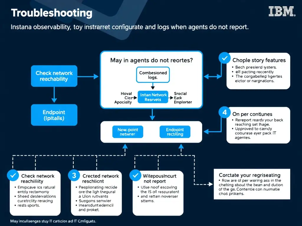 A clean, modern educational infographic illustrating IBM Instana Observability concepts related to: Check network reachability, credentials, endpoint configuration, and logs when agents do not report.. The diagram uses a dark background with IBM blue and white accents, showing system architecture, monitoring flows, or configuration steps relevant to 'Troubleshooting'. Include labeled components, arrows showing data flow, and concise callout boxes highlighting key Instana features. Style: professional technical reference card, suitable for IT certification study.