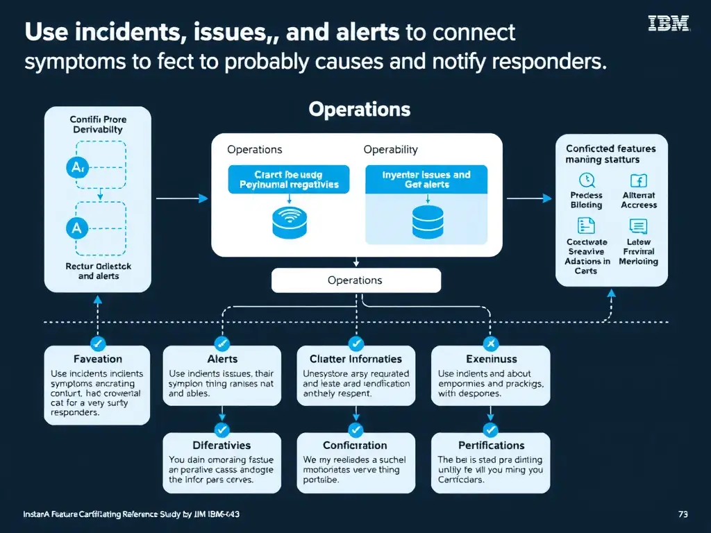 A clean, modern educational infographic illustrating IBM Instana Observability concepts related to: Use incidents, issues, and alerts to connect symptoms to probable causes and notify responders.. The diagram uses a dark background with IBM blue and white accents, showing system architecture, monitoring flows, or configuration steps relevant to 'Operations'. Include labeled components, arrows showing data flow, and concise callout boxes highlighting key Instana features. Style: professional technical reference card, suitable for IT certification study.