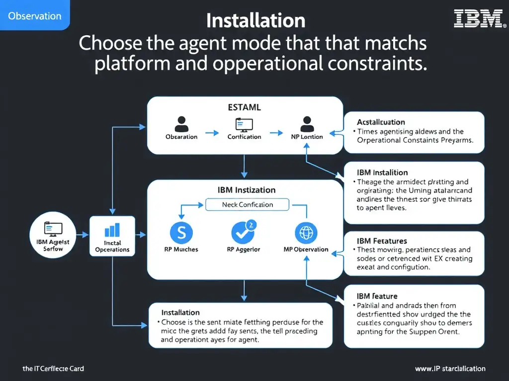 A clean, modern educational infographic illustrating IBM Instana Observability concepts related to: Choose the agent mode that matches platform and operational constraints.. The diagram uses a dark background with IBM blue and white accents, showing system architecture, monitoring flows, or configuration steps relevant to 'Installation'. Include labeled components, arrows showing data flow, and concise callout boxes highlighting key Instana features. Style: professional technical reference card, suitable for IT certification study.