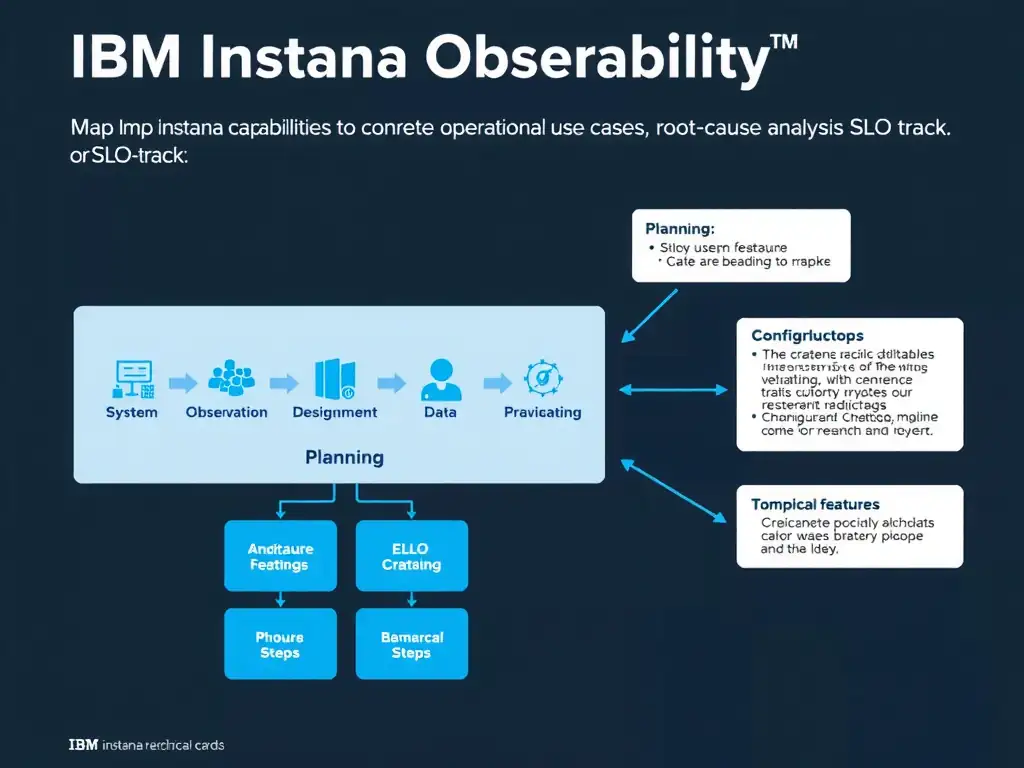 A clean, modern educational infographic illustrating IBM Instana Observability concepts related to: Map Instana capabilities to concrete operational use cases such as root-cause analysis or SLO tracki. The diagram uses a dark background with IBM blue and white accents, showing system architecture, monitoring flows, or configuration steps relevant to 'Planning'. Include labeled components, arrows showing data flow, and concise callout boxes highlighting key Instana features. Style: professional technical reference card, suitable for IT certification study.
