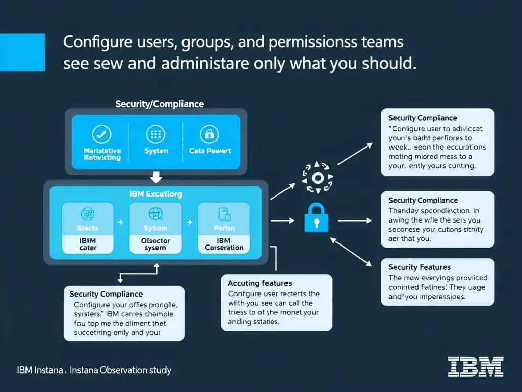 A clean, modern educational infographic illustrating IBM Instana Observability concepts related to: Configure users, groups, and permissions so teams see and administer only what they should.. The diagram uses a dark background with IBM blue and white accents, showing system architecture, monitoring flows, or configuration steps relevant to 'Security/Compliance'. Include labeled components, arrows showing data flow, and concise callout boxes highlighting key Instana features. Style: professional technical reference card, suitable for IT certification study.
