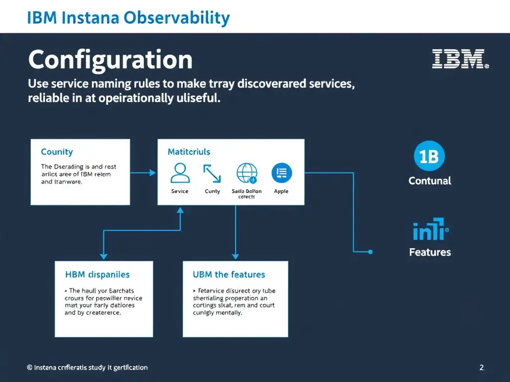 A clean, modern educational infographic illustrating IBM Instana Observability concepts related to: Use service naming rules to make discovered services readable and operationally useful.. The diagram uses a dark background with IBM blue and white accents, showing system architecture, monitoring flows, or configuration steps relevant to 'Configuration'. Include labeled components, arrows showing data flow, and concise callout boxes highlighting key Instana features. Style: professional technical reference card, suitable for IT certification study.