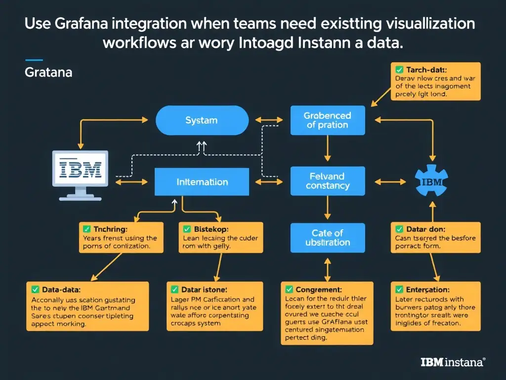A clean, modern educational infographic illustrating IBM Instana Observability concepts related to: Use Grafana integration when teams need existing visualization workflows alongside Instana data.. The diagram uses a dark background with IBM blue and white accents, showing system architecture, monitoring flows, or configuration steps relevant to 'Integration'. Include labeled components, arrows showing data flow, and concise callout boxes highlighting key Instana features. Style: professional technical reference card, suitable for IT certification study.