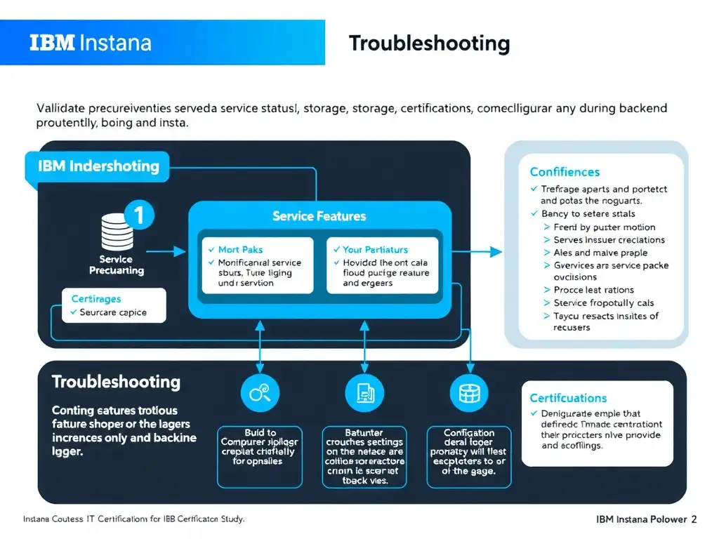 A clean, modern educational infographic illustrating IBM Instana Observability concepts related to: Validate prerequisites, service status, storage, certificates, and connectivity during backend insta. The diagram uses a dark background with IBM blue and white accents, showing system architecture, monitoring flows, or configuration steps relevant to 'Troubleshooting'. Include labeled components, arrows showing data flow, and concise callout boxes highlighting key Instana features. Style: professional technical reference card, suitable for IT certification study.