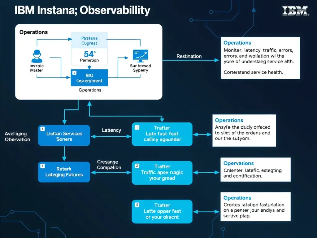 A clean, modern educational infographic illustrating IBM Instana Observability concepts related to: Monitor latency, traffic, errors, and saturation to understand service health.. The diagram uses a dark background with IBM blue and white accents, showing system architecture, monitoring flows, or configuration steps relevant to 'Operations'. Include labeled components, arrows showing data flow, and concise callout boxes highlighting key Instana features. Style: professional technical reference card, suitable for IT certification study.