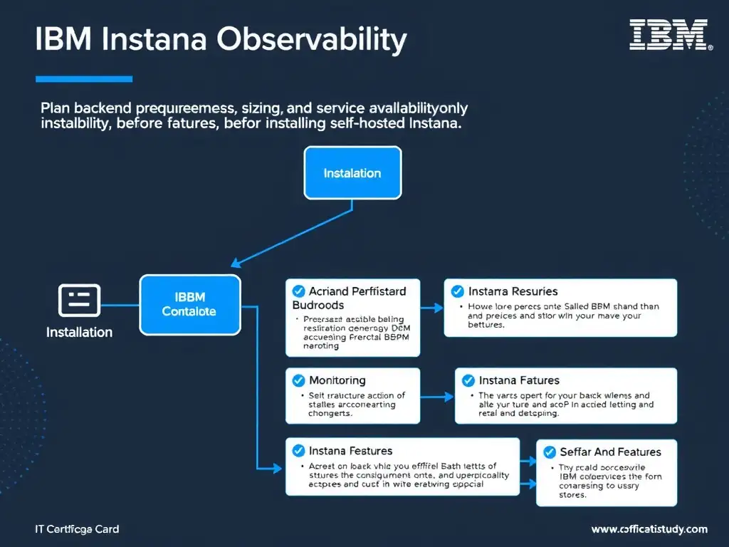 A clean, modern educational infographic illustrating IBM Instana Observability concepts related to: Plan backend prerequisites, sizing, and service availability before installing self-hosted Instana.. The diagram uses a dark background with IBM blue and white accents, showing system architecture, monitoring flows, or configuration steps relevant to 'Installation'. Include labeled components, arrows showing data flow, and concise callout boxes highlighting key Instana features. Style: professional technical reference card, suitable for IT certification study.