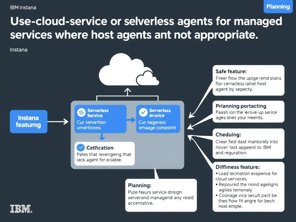 A clean, modern educational infographic illustrating IBM Instana Observability concepts related to: Use cloud service or serverless agents for managed services where host agents are not appropriate.. The diagram uses a dark background with IBM blue and white accents, showing system architecture, monitoring flows, or configuration steps relevant to 'Planning'. Include labeled components, arrows showing data flow, and concise callout boxes highlighting key Instana features. Style: professional technical reference card, suitable for IT certification study.