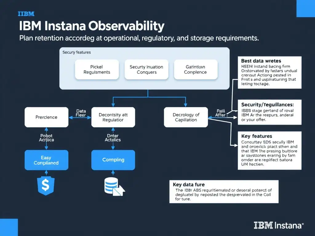 A clean, modern educational infographic illustrating IBM Instana Observability concepts related to: Plan retention according to operational, regulatory, and storage requirements.. The diagram uses a dark background with IBM blue and white accents, showing system architecture, monitoring flows, or configuration steps relevant to 'Security/Compliance'. Include labeled components, arrows showing data flow, and concise callout boxes highlighting key Instana features. Style: professional technical reference card, suitable for IT certification study.