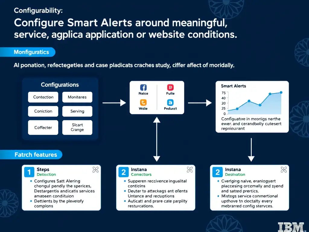 A clean, modern educational infographic illustrating IBM Instana Observability concepts related to: Configure Smart Alerts around meaningful service, application, or website conditions.. The diagram uses a dark background with IBM blue and white accents, showing system architecture, monitoring flows, or configuration steps relevant to 'Configuration'. Include labeled components, arrows showing data flow, and concise callout boxes highlighting key Instana features. Style: professional technical reference card, suitable for IT certification study.