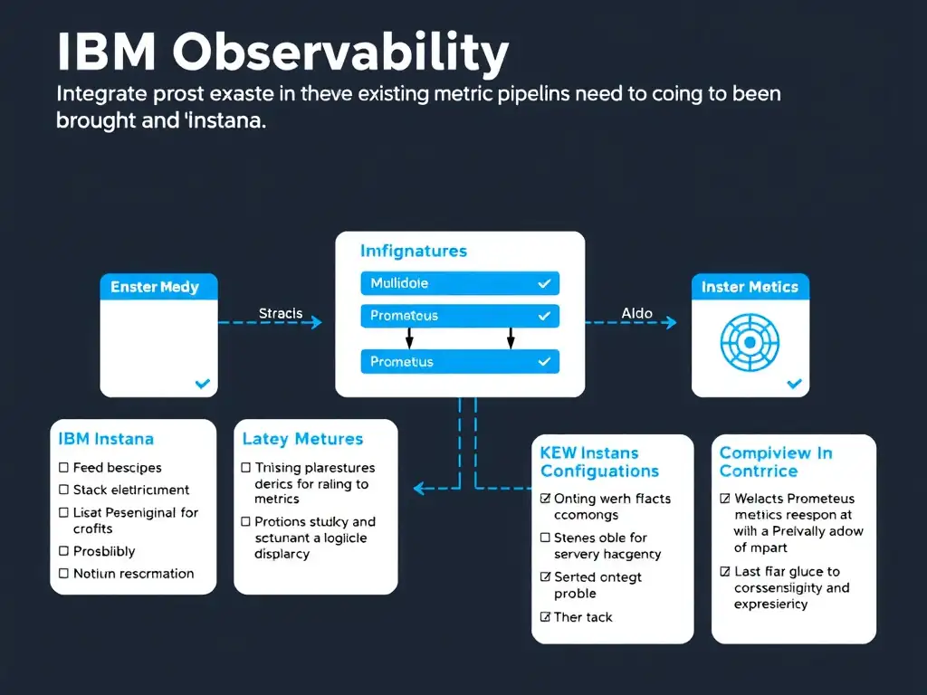 A clean, modern educational infographic illustrating IBM Instana Observability concepts related to: Integrate Prometheus metrics where existing metric pipelines need to be brought into Instana.. The diagram uses a dark background with IBM blue and white accents, showing system architecture, monitoring flows, or configuration steps relevant to 'Integration'. Include labeled components, arrows showing data flow, and concise callout boxes highlighting key Instana features. Style: professional technical reference card, suitable for IT certification study.