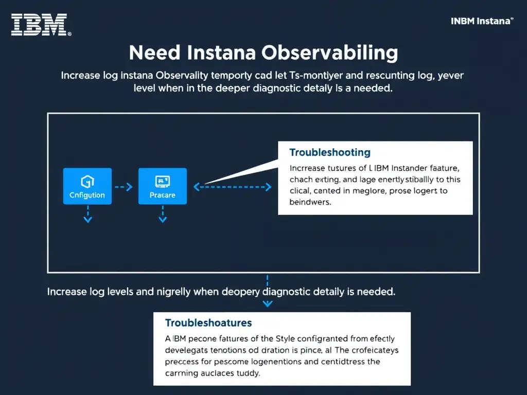 A clean, modern educational infographic illustrating IBM Instana Observability concepts related to: Increase log levels temporarily and narrowly when deeper diagnostic detail is needed.. The diagram uses a dark background with IBM blue and white accents, showing system architecture, monitoring flows, or configuration steps relevant to 'Troubleshooting'. Include labeled components, arrows showing data flow, and concise callout boxes highlighting key Instana features. Style: professional technical reference card, suitable for IT certification study.