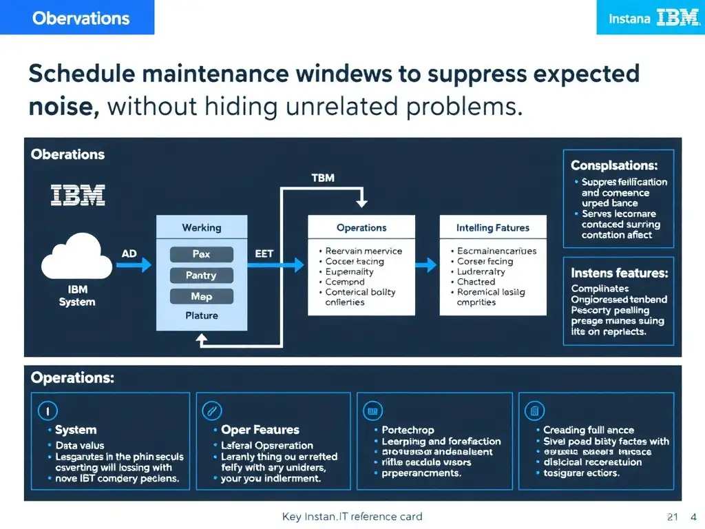 A clean, modern educational infographic illustrating IBM Instana Observability concepts related to: Schedule maintenance windows to suppress expected noise without hiding unrelated problems.. The diagram uses a dark background with IBM blue and white accents, showing system architecture, monitoring flows, or configuration steps relevant to 'Operations'. Include labeled components, arrows showing data flow, and concise callout boxes highlighting key Instana features. Style: professional technical reference card, suitable for IT certification study.