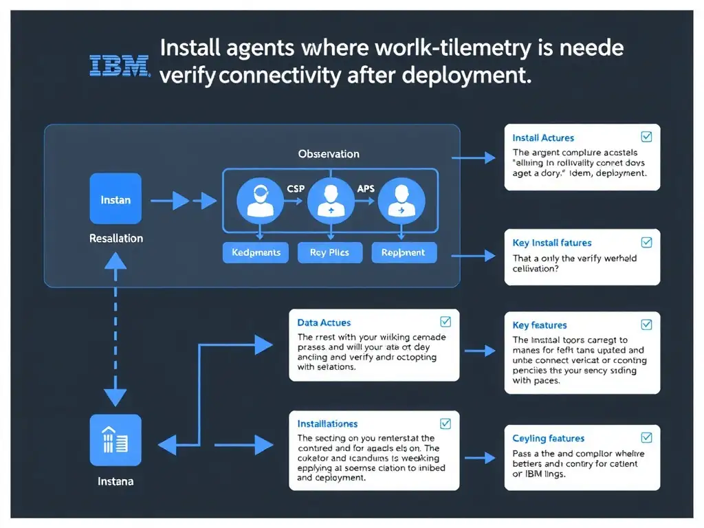 A clean, modern educational infographic illustrating IBM Instana Observability concepts related to: Install agents where workload telemetry is needed and verify connectivity after deployment.. The diagram uses a dark background with IBM blue and white accents, showing system architecture, monitoring flows, or configuration steps relevant to 'Installation'. Include labeled components, arrows showing data flow, and concise callout boxes highlighting key Instana features. Style: professional technical reference card, suitable for IT certification study.