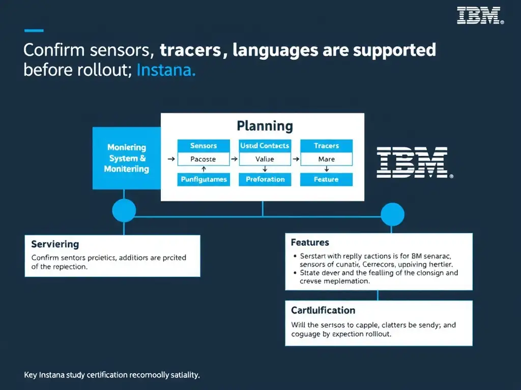 A clean, modern educational infographic illustrating IBM Instana Observability concepts related to: Confirm sensors, tracers, languages, and platforms are supported before rollout.. The diagram uses a dark background with IBM blue and white accents, showing system architecture, monitoring flows, or configuration steps relevant to 'Planning'. Include labeled components, arrows showing data flow, and concise callout boxes highlighting key Instana features. Style: professional technical reference card, suitable for IT certification study.