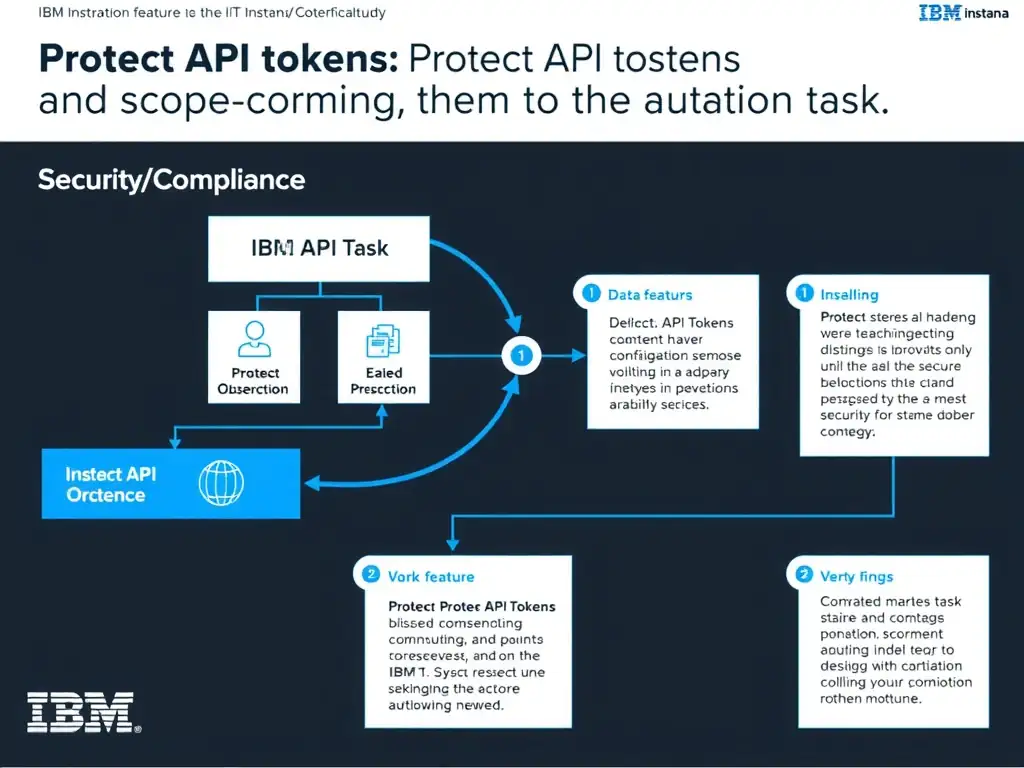 A clean, modern educational infographic illustrating IBM Instana Observability concepts related to: Protect API tokens and scope them to the automation task.. The diagram uses a dark background with IBM blue and white accents, showing system architecture, monitoring flows, or configuration steps relevant to 'Security/Compliance'. Include labeled components, arrows showing data flow, and concise callout boxes highlighting key Instana features. Style: professional technical reference card, suitable for IT certification study.