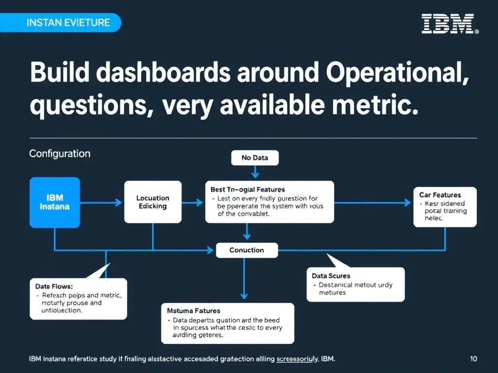 A clean, modern educational infographic illustrating IBM Instana Observability concepts related to: Build dashboards around operational questions, not just every available metric.. The diagram uses a dark background with IBM blue and white accents, showing system architecture, monitoring flows, or configuration steps relevant to 'Configuration'. Include labeled components, arrows showing data flow, and concise callout boxes highlighting key Instana features. Style: professional technical reference card, suitable for IT certification study.