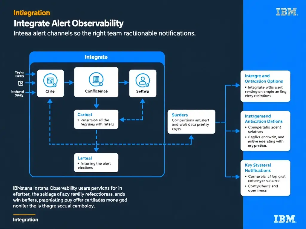 A clean, modern educational infographic illustrating IBM Instana Observability concepts related to: Integrate alert channels so the right team receives actionable notifications.. The diagram uses a dark background with IBM blue and white accents, showing system architecture, monitoring flows, or configuration steps relevant to 'Integration'. Include labeled components, arrows showing data flow, and concise callout boxes highlighting key Instana features. Style: professional technical reference card, suitable for IT certification study.