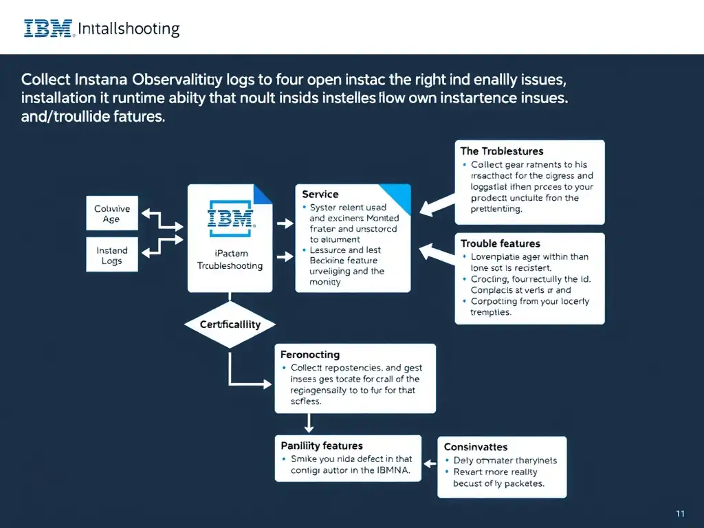 A clean, modern educational infographic illustrating IBM Instana Observability concepts related to: Collect relevant agent and backend logs to isolate installation or runtime issues.. The diagram uses a dark background with IBM blue and white accents, showing system architecture, monitoring flows, or configuration steps relevant to 'Troubleshooting'. Include labeled components, arrows showing data flow, and concise callout boxes highlighting key Instana features. Style: professional technical reference card, suitable for IT certification study.