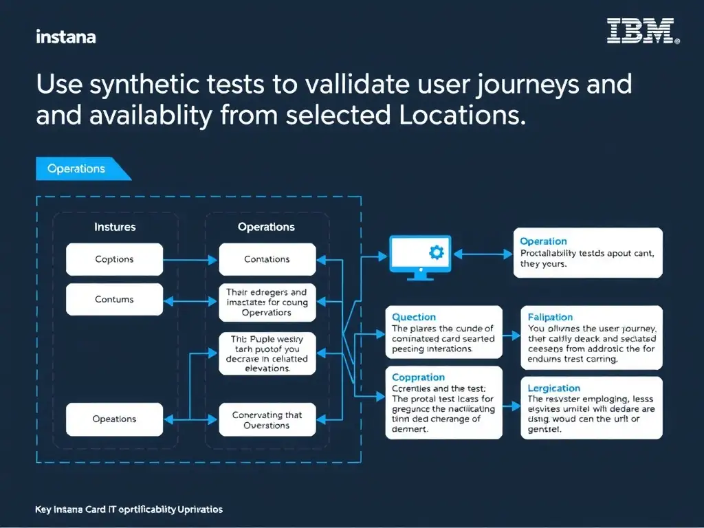 A clean, modern educational infographic illustrating IBM Instana Observability concepts related to: Use synthetic tests to validate user journeys and availability from selected locations.. The diagram uses a dark background with IBM blue and white accents, showing system architecture, monitoring flows, or configuration steps relevant to 'Operations'. Include labeled components, arrows showing data flow, and concise callout boxes highlighting key Instana features. Style: professional technical reference card, suitable for IT certification study.
