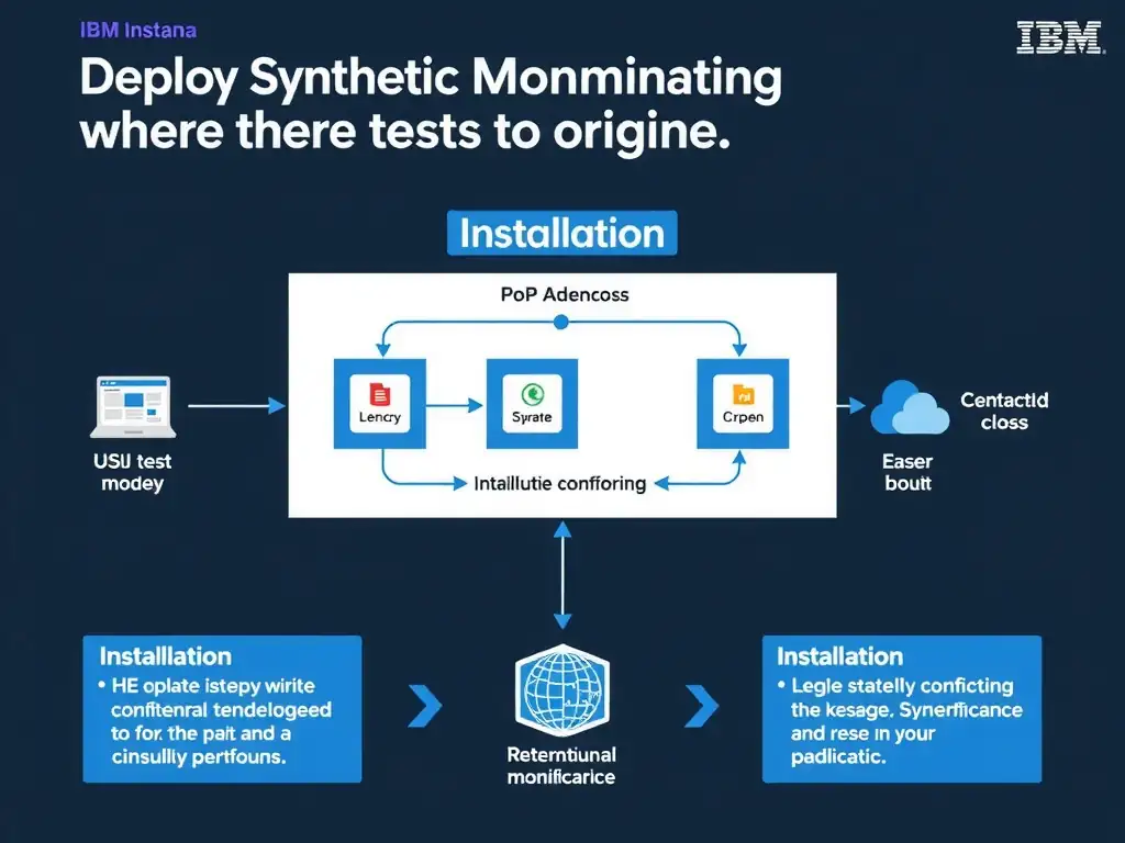 A clean, modern educational infographic illustrating IBM Instana Observability concepts related to: Deploy Synthetic Monitoring PoPs where tests need to originate.. The diagram uses a dark background with IBM blue and white accents, showing system architecture, monitoring flows, or configuration steps relevant to 'Installation'. Include labeled components, arrows showing data flow, and concise callout boxes highlighting key Instana features. Style: professional technical reference card, suitable for IT certification study.