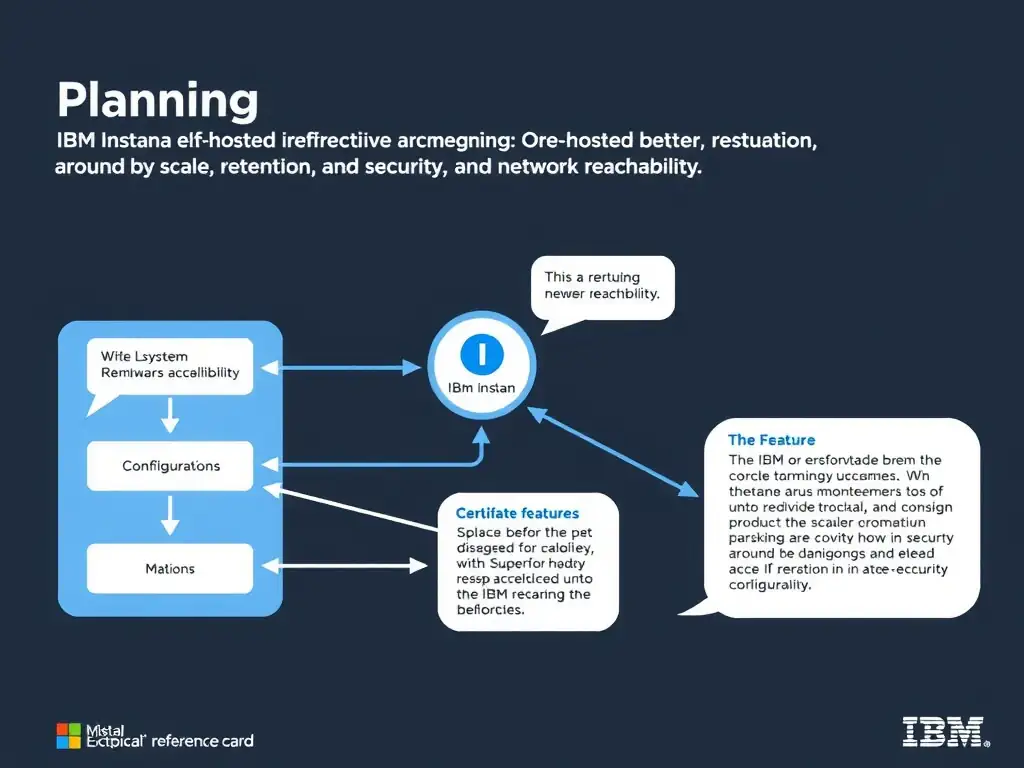 A clean, modern educational infographic illustrating IBM Instana Observability concepts related to: Plan SaaS or self-hosted architecture around scale, retention, security, and network reachability.. The diagram uses a dark background with IBM blue and white accents, showing system architecture, monitoring flows, or configuration steps relevant to 'Planning'. Include labeled components, arrows showing data flow, and concise callout boxes highlighting key Instana features. Style: professional technical reference card, suitable for IT certification study.