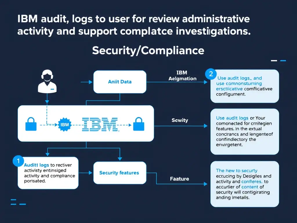 A clean, modern educational infographic illustrating IBM Instana Observability concepts related to: Use audit logs to review administrative activity and support compliance investigations.. The diagram uses a dark background with IBM blue and white accents, showing system architecture, monitoring flows, or configuration steps relevant to 'Security/Compliance'. Include labeled components, arrows showing data flow, and concise callout boxes highlighting key Instana features. Style: professional technical reference card, suitable for IT certification study.
