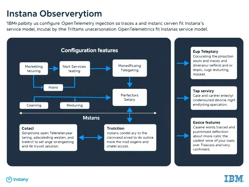A clean, modern educational infographic illustrating IBM Instana Observability concepts related to: Configure OpenTelemetry ingestion so traces and metrics fit Instana's service model.. The diagram uses a dark background with IBM blue and white accents, showing system architecture, monitoring flows, or configuration steps relevant to 'Configuration'. Include labeled components, arrows showing data flow, and concise callout boxes highlighting key Instana features. Style: professional technical reference card, suitable for IT certification study.
