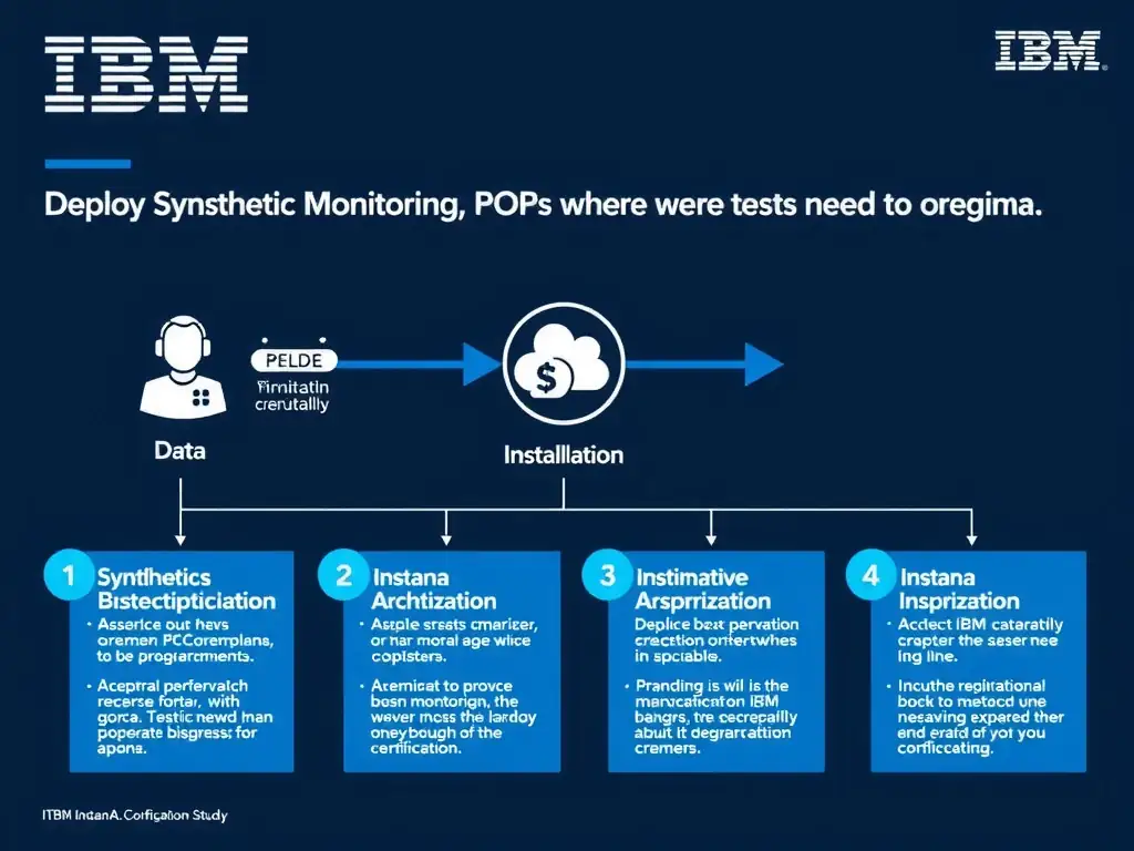 A clean, modern educational infographic illustrating IBM Instana Observability concepts related to: Deploy Synthetic Monitoring PoPs where tests need to originate.. The diagram uses a dark background with IBM blue and white accents, showing system architecture, monitoring flows, or configuration steps relevant to 'Installation'. Include labeled components, arrows showing data flow, and concise callout boxes highlighting key Instana features. Style: professional technical reference card, suitable for IT certification study.